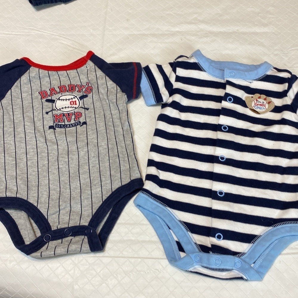 Infant 3 month short sleeve onsies blue stripes baseball themed set of 2